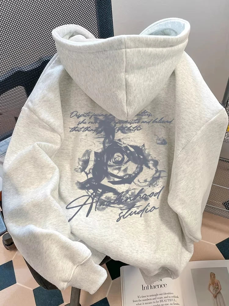 Sudadera con Capucha para Hombre, Estampado Vintage de Rosas, Estilo Urbano Oversize, Gráfico de Letras Cursivas, Sudadera Casual para Otoño e Invierno