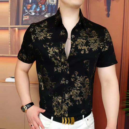 Camisa de manga corta con estampado de terciopelo de lujo para hombre, camisa informal Social Retro, ropa de calle versátil y moderna, ropa para hombre 2025