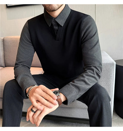 Suéter de punto de alta calidad para hombre, camisa de lana gruesa con cuello empalmado, suéteres con cuello en V, suéter de punto de dos piezas para Otoño e Invierno