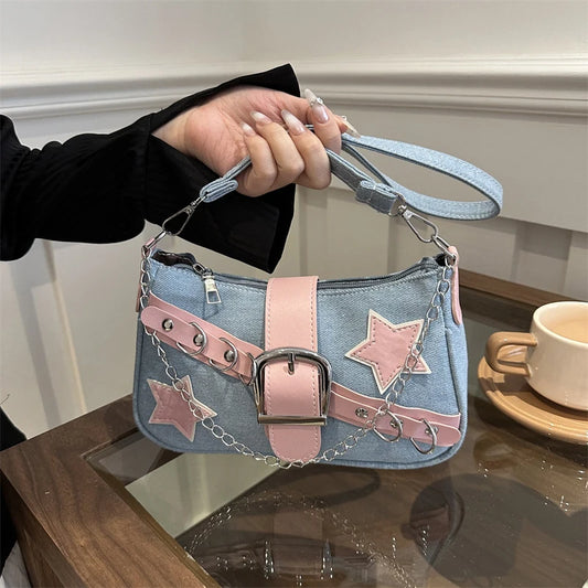 Bolsos de mano a la moda para mujer, bolso vaquero con diseño de estrellas, bolso para axilas para chicas, bolsos Hobo de hombro pequeños para mujer, bolso de mano con cadena