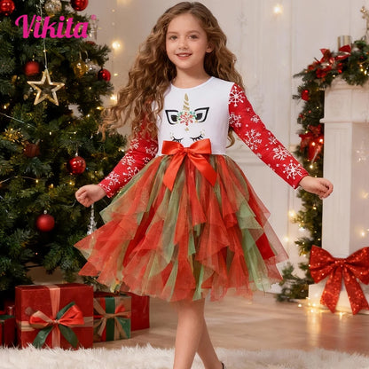 VIKITA Vestido navideño de unicornio para niñas, vestido tutú con estampado de copos de nieve de manga larga para niños con falda de tul escalonada roja y verde para Navidad