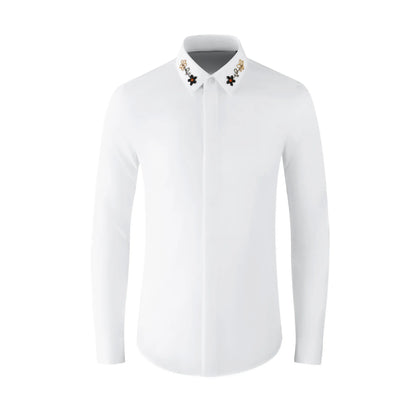Camisa con cuentas hecha a mano para hombre, camisa de vestir Social de negocios de manga larga, traje informal de algodón de alta calidad para actuación en escenario de estrella