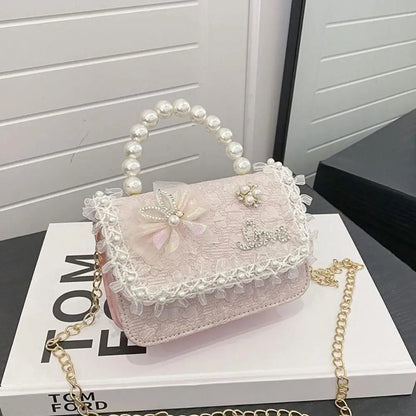 Bolso Bandolera Infantil de Encaje con Perlas, Ligero, Estilo Princesa, con Correa Ajustable