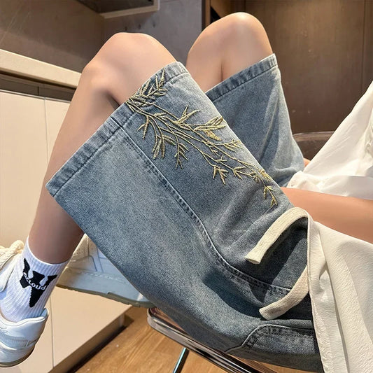 Verano Y2K pantalones vaqueros holgados para hombres 2026 Nuevo bordado pantalones vaqueros cortos Vintage Bermudas de pierna ancha ropa informal estilo Hip Hop pantalones cortos de mezclilla