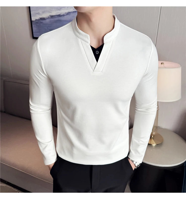 Camiseta elástica falsa de 2 piezas con empalme a la moda coreana, camiseta básica de manga larga con cuello en V ajustada para hombre, camisetas versátiles de Color sólido