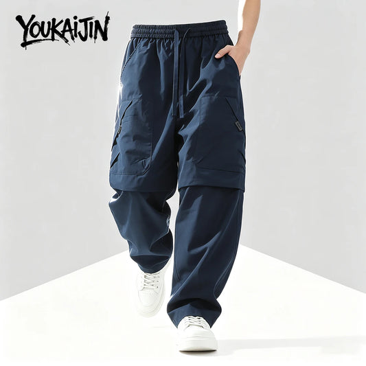 Pantalones de verano para hombre, estilo japonés Harajuku, pantalones informales holgados, pantalones lisos y cómodos con cintura elástica, pantalones para caminar al aire libre y senderismo