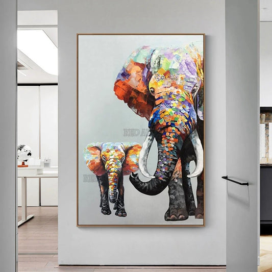 Lienzo de elefante abstracto para decoración del hogar, pintura al óleo de animales de dibujos animados pintada a mano, arte de pared, obra de arte acrílica, + paquete Switch In Art completo