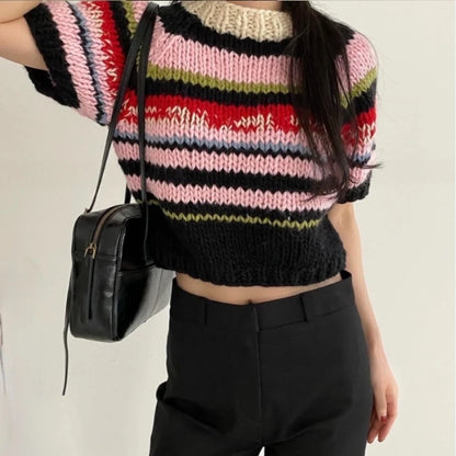 Suéter de punto con rayas arcoíris para mujer, cuello redondo elegante, manga corta, corte ajustado, estilo nuevo de otoño in...