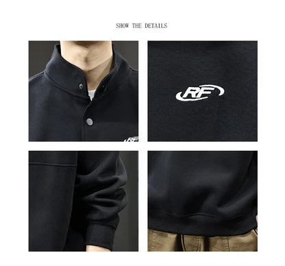 Otoño de los hombres de la letra impresa botón sudadera Stand Collar Patchwork pulóver sudaderas con capucha 2025 nuevo Casual Y2K manga larga Sudaderas