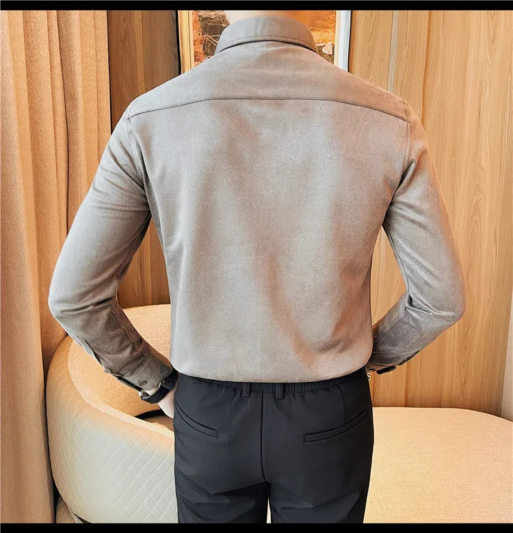 Camisa de ante de alta calidad para hombre, camisas de negocios informales de manga larga para otoño e invierno, blusa de esmoquin para fiesta Social, ropa para hombre 2023