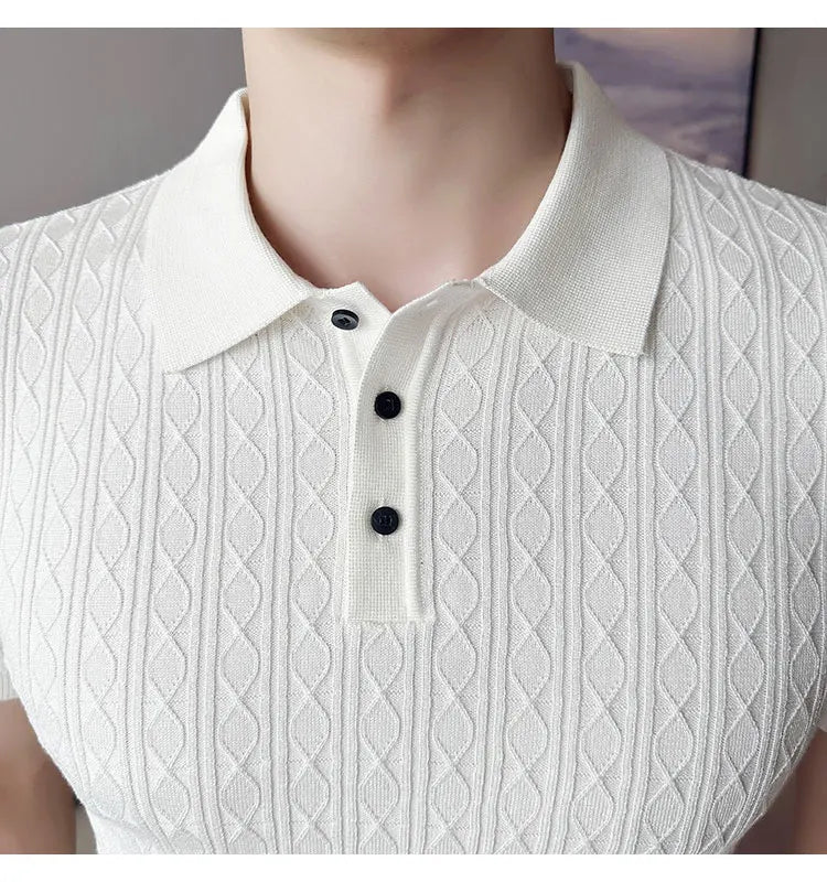Polo de manga corta de punto Jacquard para hombre, camiseta de Golf con solapa de moda, ajustada, nueva