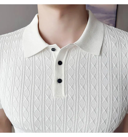 Polo de manga corta de punto Jacquard para hombre, camiseta de Golf con solapa de moda, ajustada, nueva