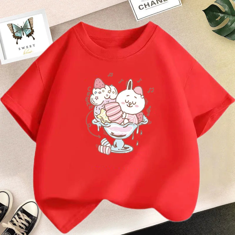 Camiseta bonita de dibujos animados de batido de leche de fresa para niñas, camisetas rosas con gráfico de manga corta para niños