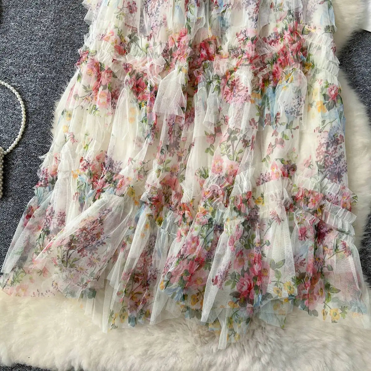 Falda Midi de Malla con Estampado Floral de Cintura Alta Estilo Coreano para Mujer, Falda Hada Abullonada de Fibra de Poliést...
