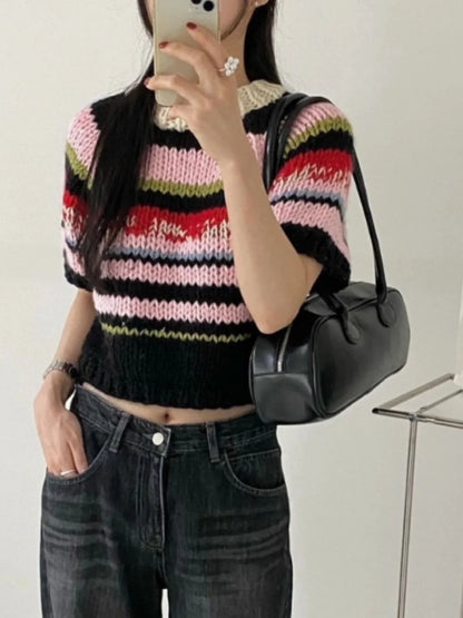 Suéter de punto con rayas arcoíris para mujer, cuello redondo elegante, manga corta, corte ajustado, estilo nuevo de otoño in...