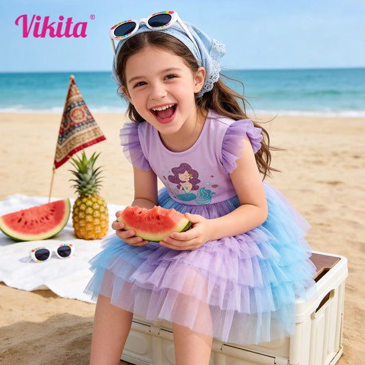 VIKITA-vestido tutú de princesa para niñas, disfraz de sirena morado para fiesta diaria de verano, vestido elegante de tul y malla para baile de graduación, de 3 a 10 años