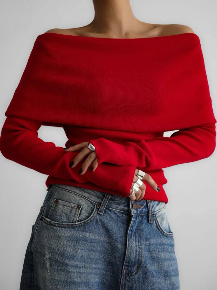 Suéter de punto para mujer con hombros descubiertos, top de manga larga, jersey, ropa de otoño-invierno en rojo, gris, marrón y blanco