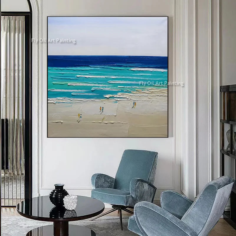 Pintura a mano para caminar en la playa, obra de arte costera del océano, pintura abstracta texturizada pintada a mano para comedor, arte de pared relajante