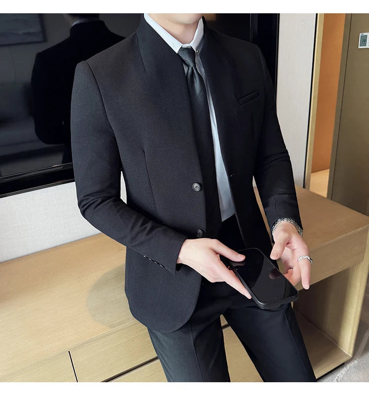Chaqueta de traje con cuello levantado de alta calidad para hombre, chaquetas de negocios informales, abrigo coreano con gofres para boda, novio, banquete, vestido de fiesta, 2025