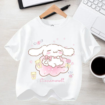 Camiseta de Manga Corta para Niños, Estilo Urbano, Verano 2026, Ropa Casual, Regalo Kawaii, Linda Camiseta de Cinnamoroll para Niña, Camiseta de Algodón con Estampado de Anime