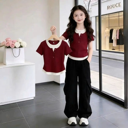 Camiseta de Manga Corta con Cuello Redondo para Niños, Estilo 2026, Corte Ajustado, Informal, Moda Infantil, Mezcla de Algodó...