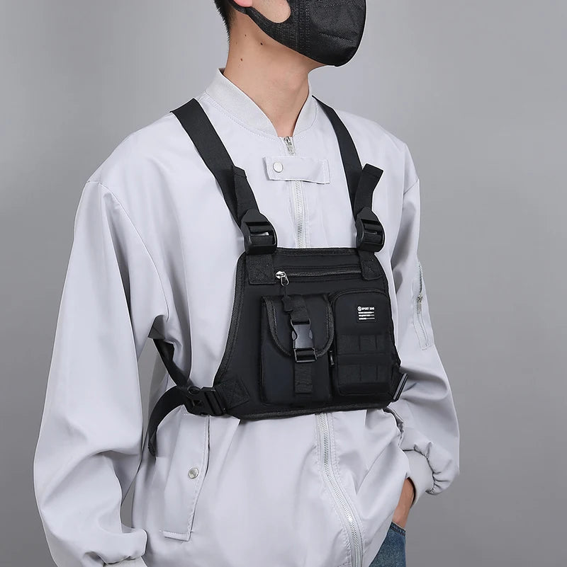 Hip-hop de moda para hombre con múltiples bolsillos bolso de pecho táctico funcional ligero viaje duradero bolso de chaleco deportivo de moda