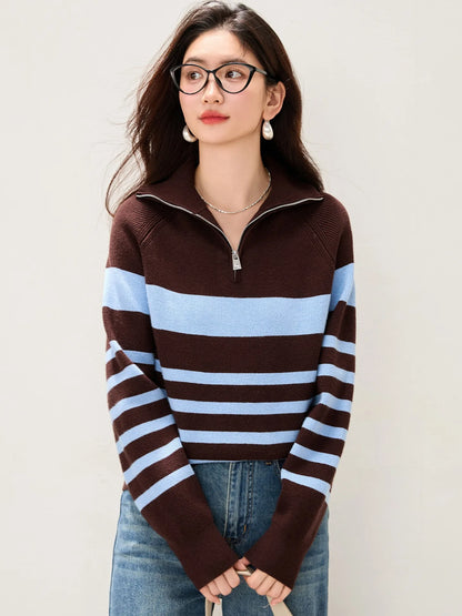 Suéter de punto suave y cómodo para mujer, con cuello de media cremallera, para otoño e invierno, de ajuste holgado, manga la...