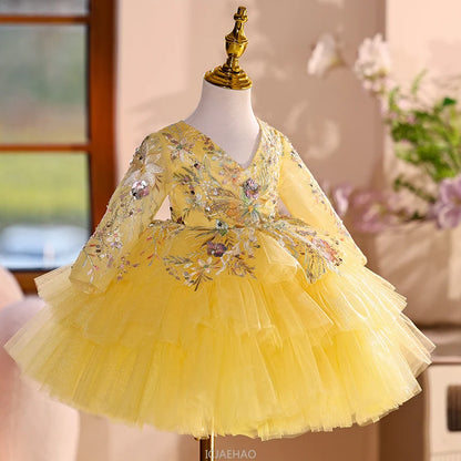 2025 Vestido de fiesta Vestido niños niñas vestidos de novia amarillos disfraz niños flor niña desfile Piano actuación tutú traje