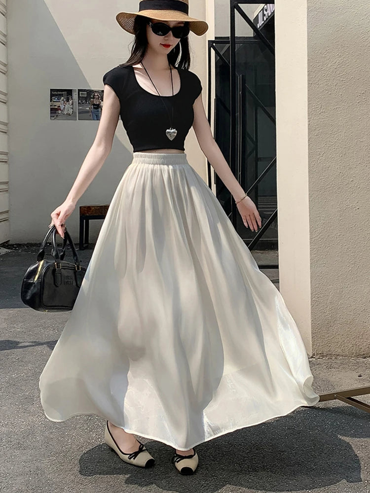 Falda Larga Elegante de Verano para Mujer, Cintura Alta, Línea A, para Vacaciones en la Playa, con Volantes, Estilo Preppy, Dulce, Holgada, Informal y Sencilla