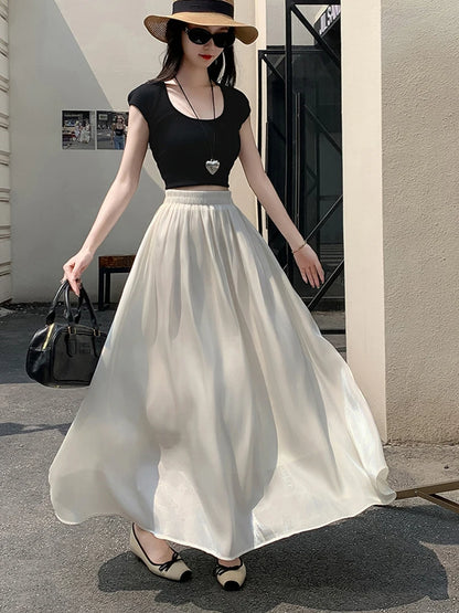 Falda Larga Elegante de Verano para Mujer, Cintura Alta, Línea A, para Vacaciones en la Playa, con Volantes, Estilo Preppy, Dulce, Holgada, Informal y Sencilla