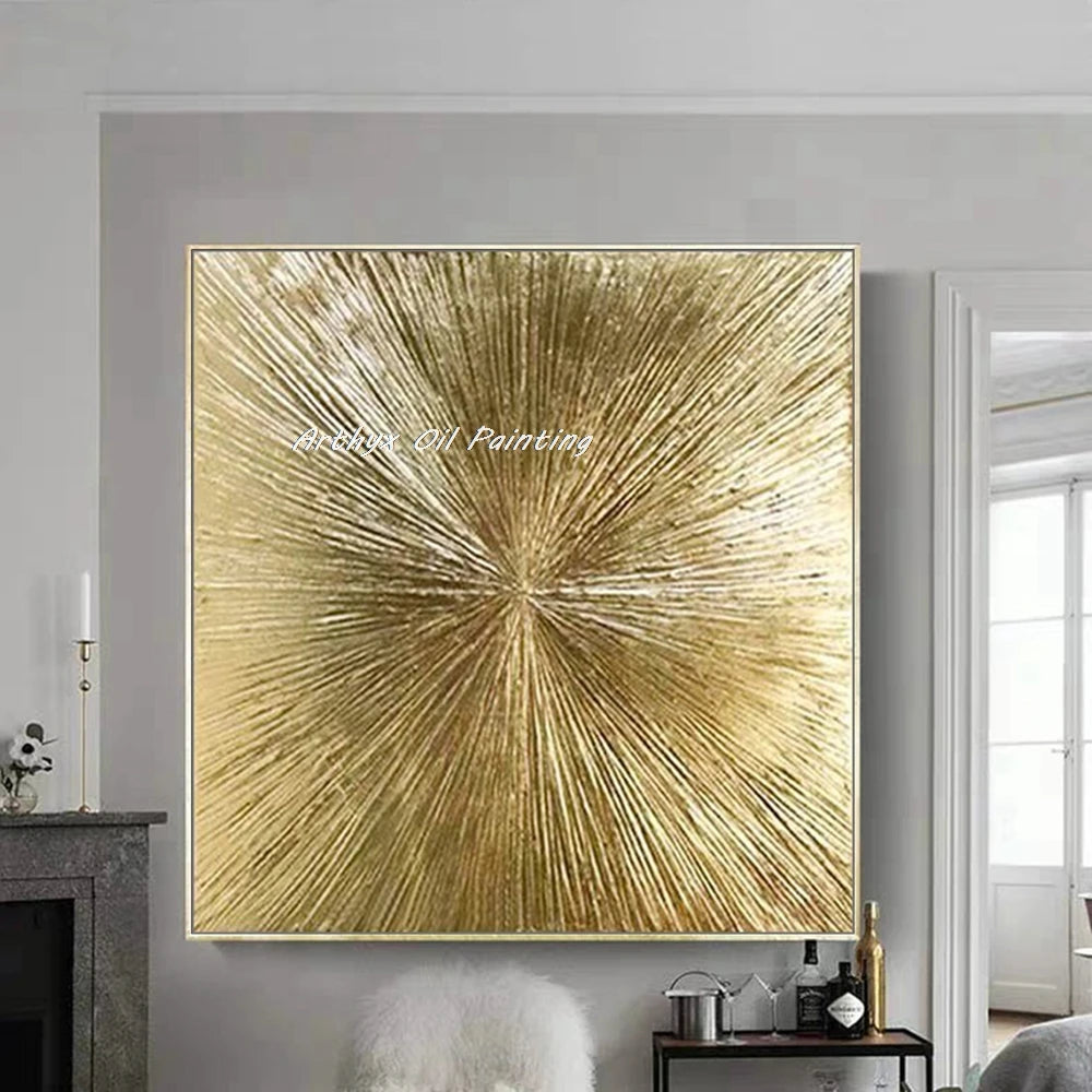 Pintura al óleo de sol dorado texturizada abstracta pintada a mano al 100% sobre lienzo, póster de arte grande moderno, imagen de pared, decoración del hogar