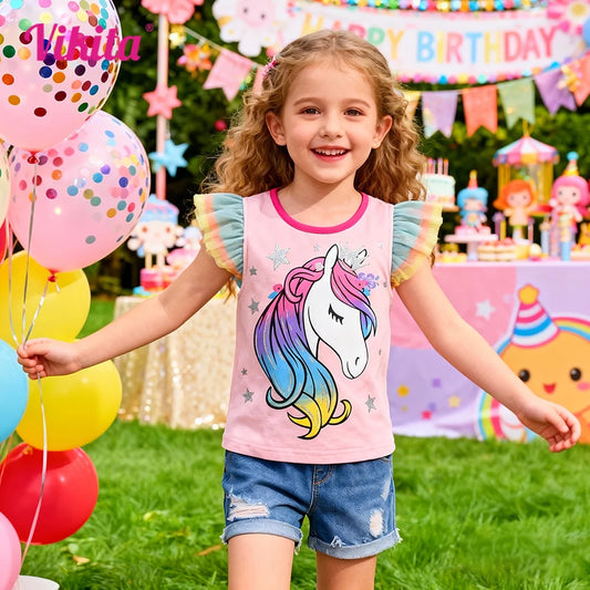 VIKITA, camiseta informal de algodón con manga acampanada para niñas, camiseta de verano para niños, unicornio colorido brillante, camisetas festivas bonitas de princesa rosa para uso diario