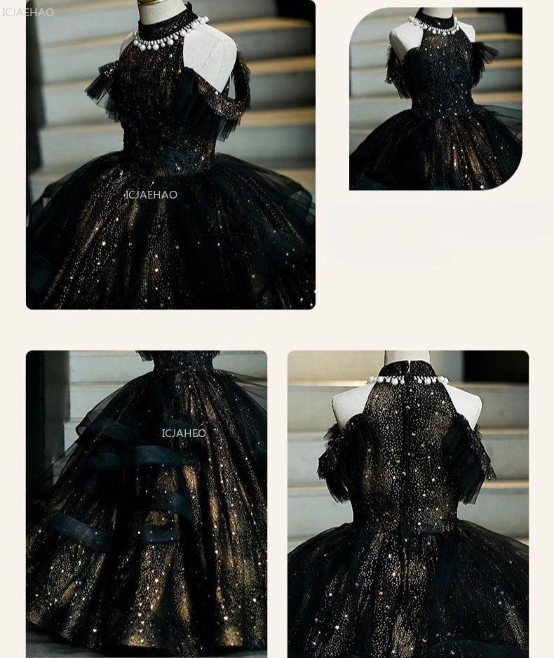 Vestido de fiesta de cumpleaños negro para niñas, vestido de princesa de tul hinchado para actuaciones de Piano, vestidos de desfile de desfile de moda