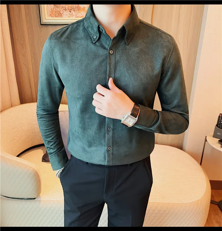 Camisa de ante de alta calidad para hombre, camisas de negocios informales de manga larga para otoño e invierno, blusa de esmoquin para fiesta Social, ropa para hombre 2023