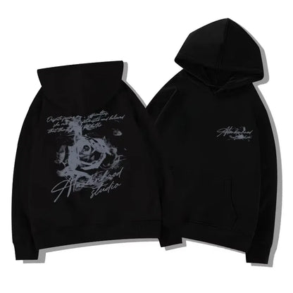 Sudadera con Capucha para Hombre, Estampado Vintage de Rosas, Estilo Urbano Oversize, Gráfico de Letras Cursivas, Sudadera Casual para Otoño e Invierno