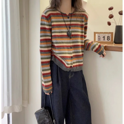Cárdigan de punto a rayas de Color de manga larga con cuello redondo para mujer en otoño nueva chaqueta suéter de moda y de moda