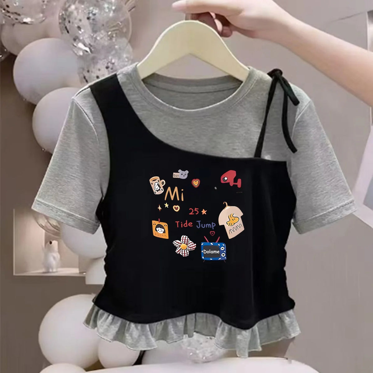 Camiseta de Manga Corta para Niñas, Algodón Puro, Dobladillo con Volantes, Estilo Corto, Verano, Casual, Ropa Infantil, Trans...