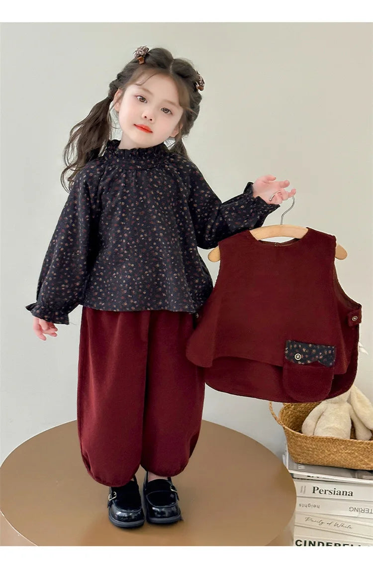 Ropa de moda para niñas 2025, otoño, nueva camisa Floral, chaleco y pantalones de Color sólido, conjunto de 3 piezas de pana