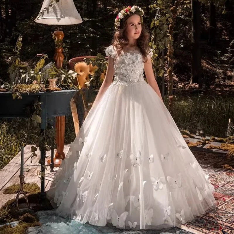Vestido de fiesta de princesa largo blanco para niñas con tren para actuación de Piano vestido Formal de desfile de cumpleaños de boda para niñas de flores