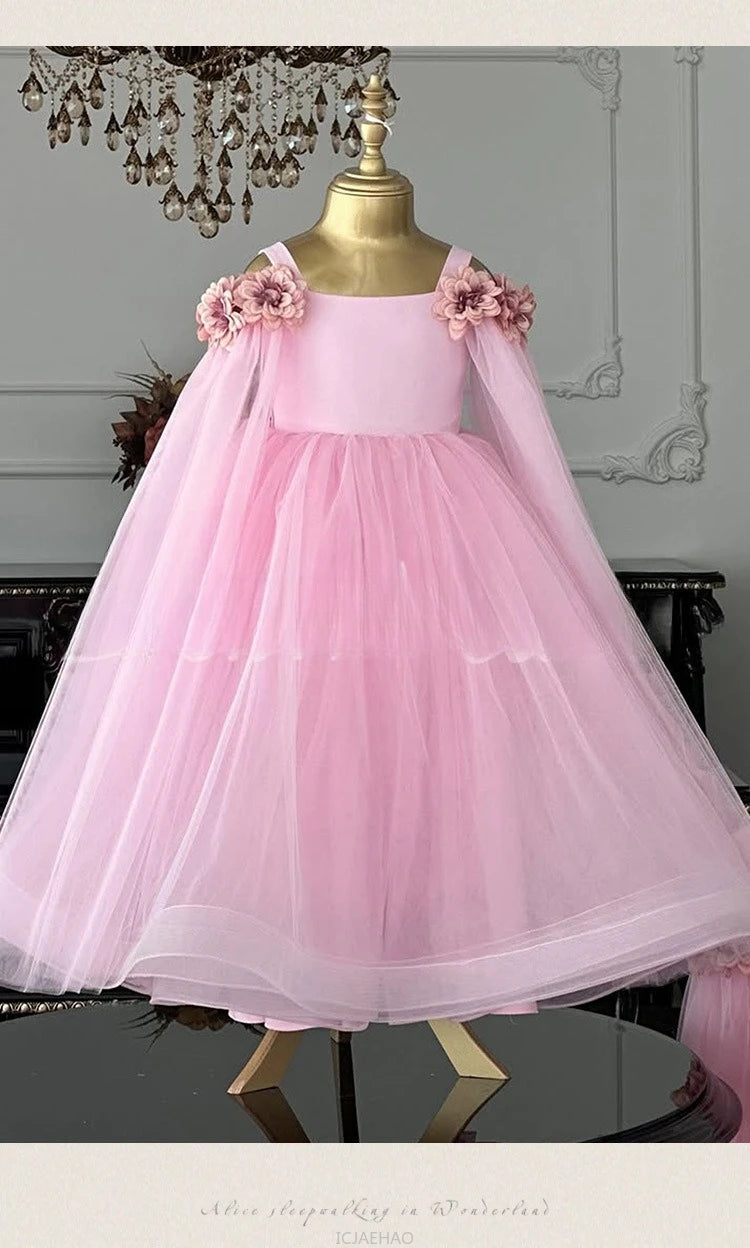 Vestido de boda para niños, vestidos de boda rosas con flores para niñas, ropa para niños, actuación de Piano, presentador, vestido de fiesta de cumpleaños de princesa, disfraz