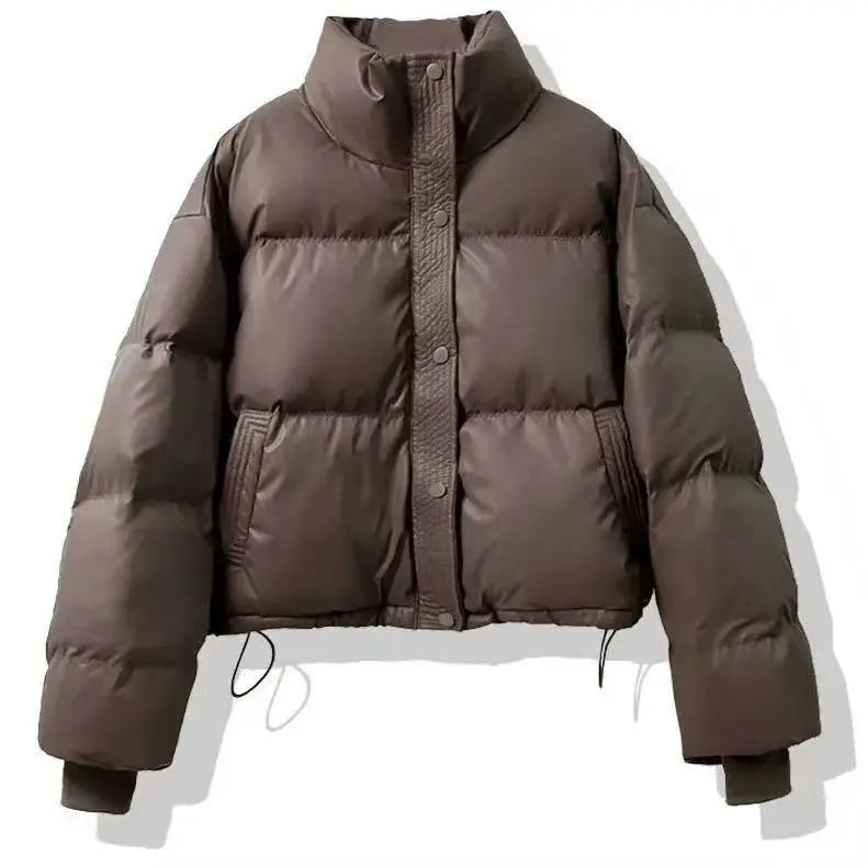 Nueva Chaqueta Corta de Mujer 2024 de Cuero PU Grueso con Relleno de Algodón, Estilo Abrigo Acolchado Cálido de Invierno, Ide...