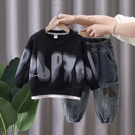 Children's Clothing Set Spring and Autumn New Kids Suit Boys Long Sleeved Sweater Jeans 2-Piece Set