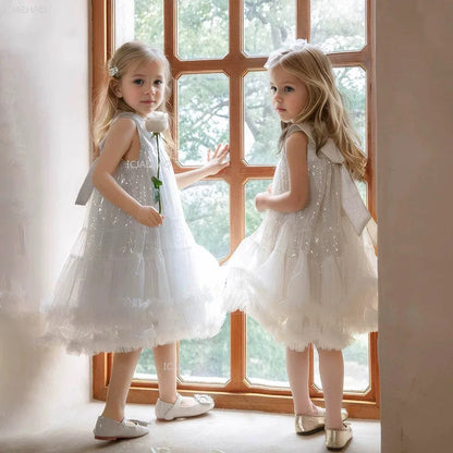 Nuevo vestido de fiesta para niñas, vestido de princesa de tul sin mangas con cuello Peter Pan para actuaciones de Piano, banquete, desfile Formal