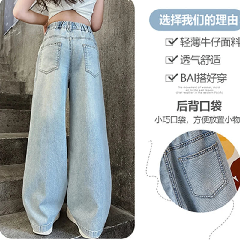 New Summer Girls Jeans Lightweight And Breathable Style Small Hearted Embroidery Mosquito-proof Pants For 4-14 Years Teen Girls