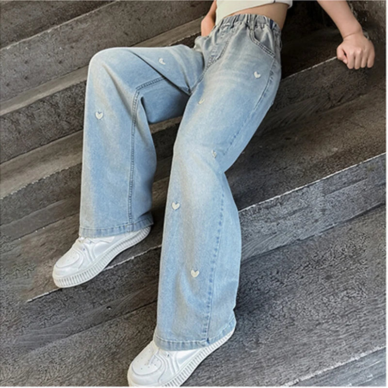 New Summer Girls Jeans Lightweight And Breathable Style Small Hearted Embroidery Mosquito-proof Pants For 4-14 Years Teen Girls