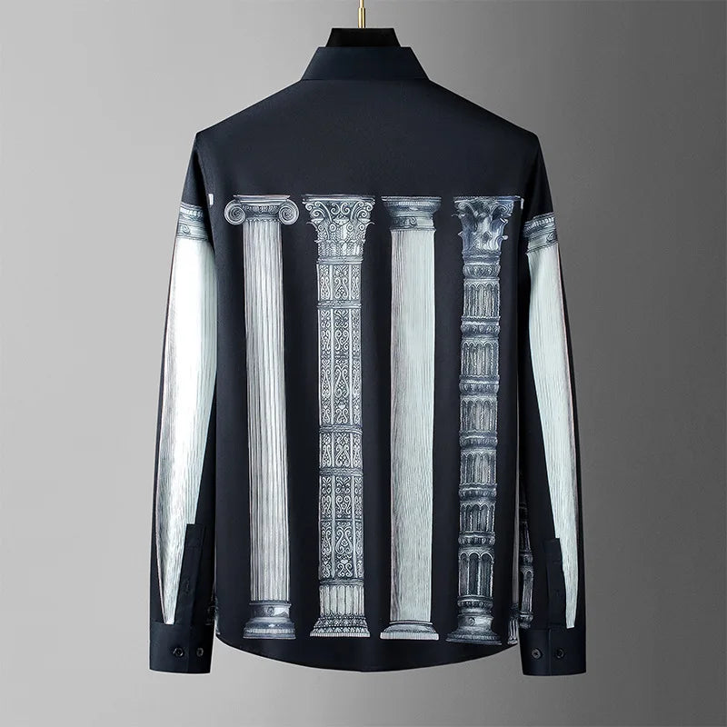 Camisa de manga larga con estampado de columna romana de estilo americano y europeo para hombre, camisas de vestir formales de negocios informales ajustadas, ropa para hombre