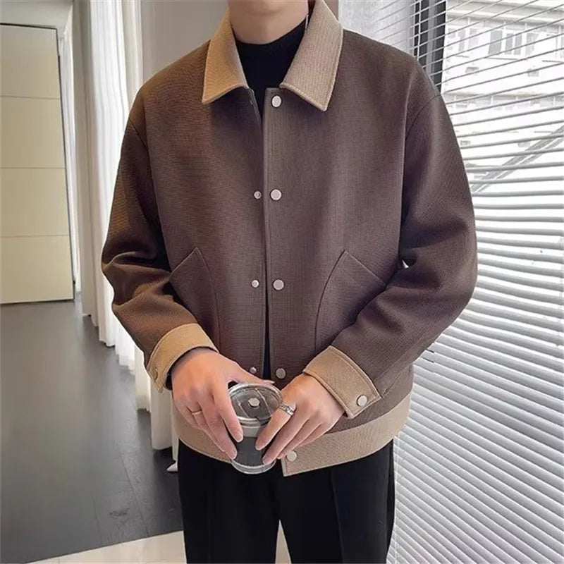 Chaquetas de moda de primavera y otoño para hombre, prendas de vestir informales con cuello vuelto de retazos, chaqueta holgada de vitalidad juvenil de estilo coreano para hombre