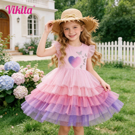 Vestido de Tul Rosa para Niñas, Vestido de Princesa con Estampado de Corazones y Mariposas en Degradado, Mangas con Volantes, Estilo Pastel en Capas, para Fiestas de Verano