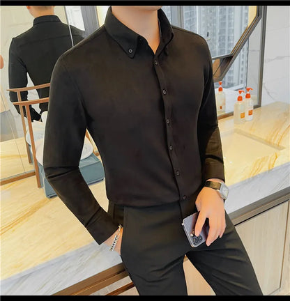 Camisa de ante de alta calidad para hombre, camisas de negocios informales de manga larga para otoño e invierno, blusa de esmoquin para fiesta Social, ropa para hombre 2023