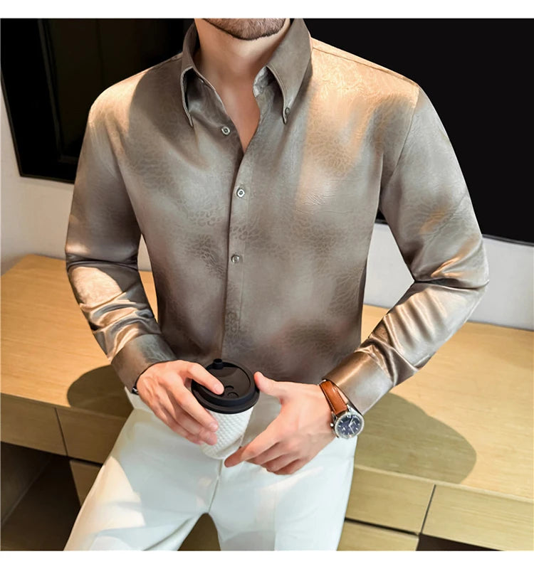 Camisa de manga larga de seda de imitación para hombre, camisa informal estampada de Color degradado a la moda, ropa Social de negocios, ropa de calle para hombre